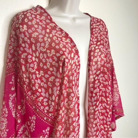 Kimono Duster Red Pink Floral Semi Sheer Open Front Flowy Chiffon Women One Size - Picture 3 of 13